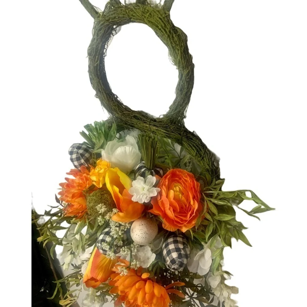Easter Bunny Shaped Moss Floral Spring Orange Wreath Farmhouse Black White Plaid